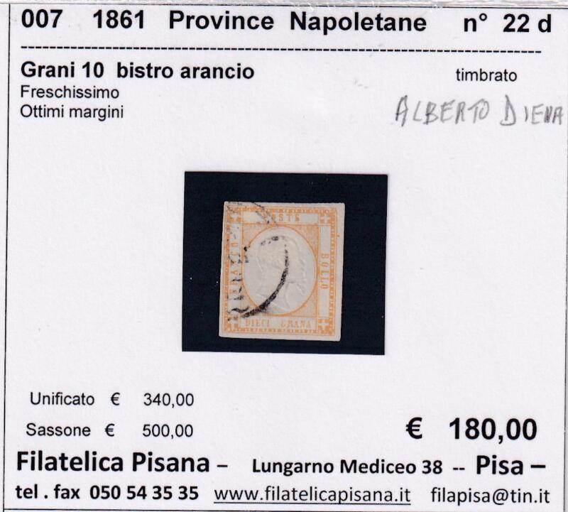 Francobollo Province Napoletane – Anno 1861 Grani 10 bistro arancio (cat. n. 22d)