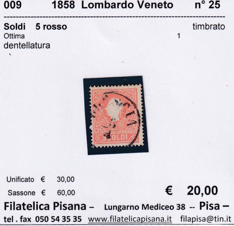 Francobollo Lombardo Veneto – Anno 1858 Soldi 5 rosso (cat. n. 25)