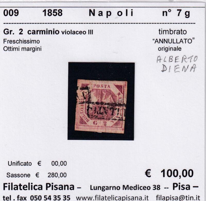 Francobollo Regno di Napoli – Anno 1858 Grani 2 carminio violaceo III (cat. n. 7g)