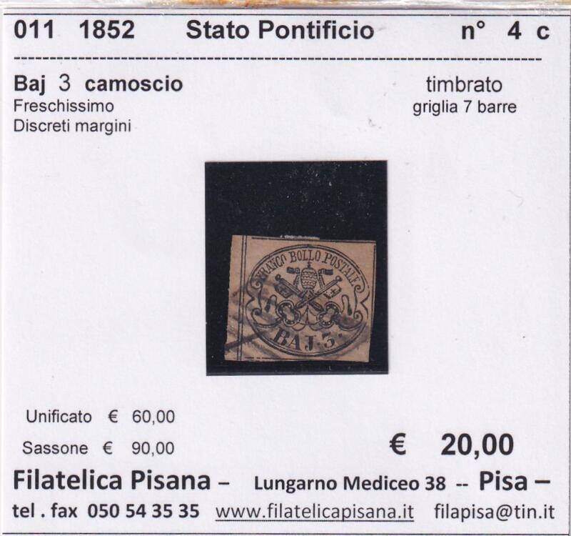 Francobollo Stato Pontificio – Anno 1852 Baj 3 camoscio (cat. n. 4c)