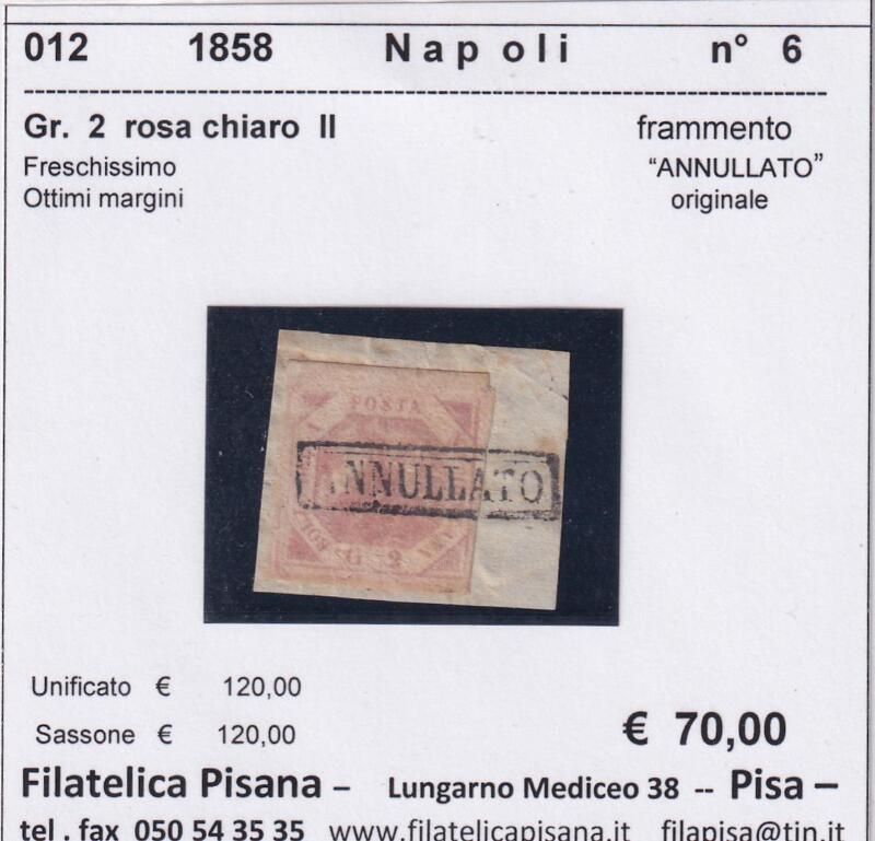 Francobollo Regno di Napoli – Anno 1858 Grani 2 rosa chiaro II (cat. n. 6)