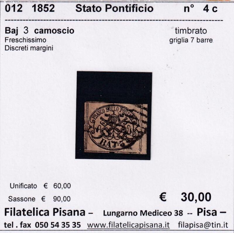 Francobollo Stato Pontificio – Anno 1852 Baj 3 camoscio (cat. n. 4c)