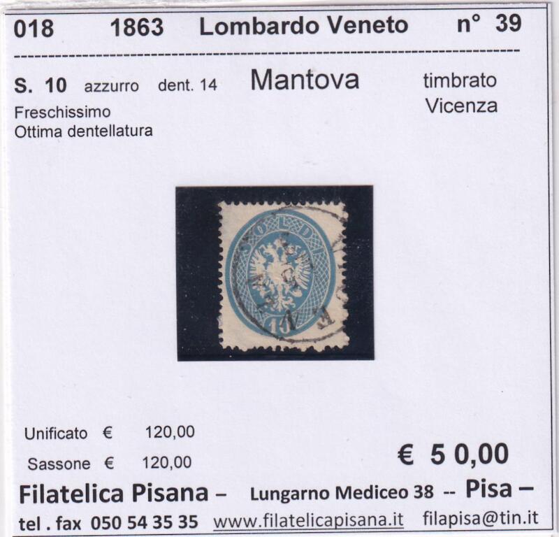 Francobollo Lombardo Veneto – Mantova Anno 1863 Soldi 10 azzurro (cat. n. 39)