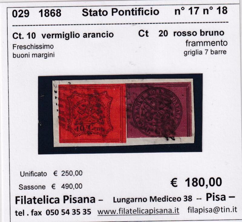 Coppia francobolli Stato Pontificio – Anno 1868 Centesimi 10 vermiglio arancio (cat. n. 17) Centesimi 20 rosso bruno (cat. n. 18)