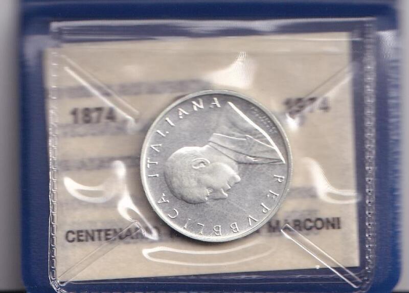 Moneta commemorativa Italia Repubblica Lire 500 Centenario nascita Guglielmo Marconi Anno 1974 FDC