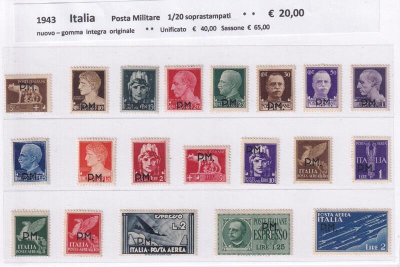 Francobolli Regno d’Italia Anno 1943 Serie Posta Militare Soprastampati (cat. n. 1-20)