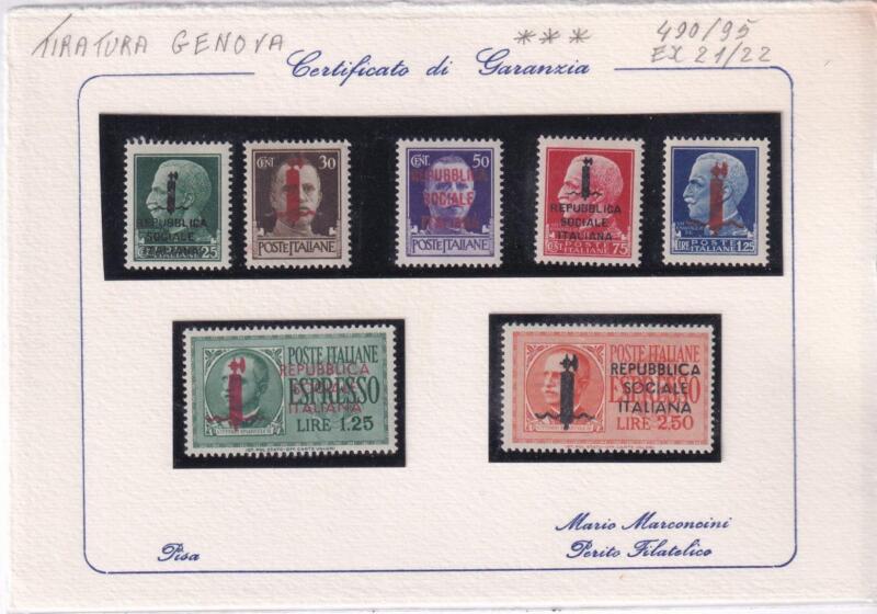 Francobolli Repubblica Sociale Italiana Anno 1944 Serie Ordinaria Soprastampati Fascetto + Espressi (cat. n. 490-494 ex n. 21-22)