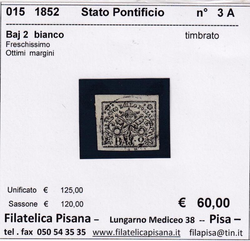 Francobollo Stato Pontificio – Anno 1852 Baj 2 bianco (cat. n. 3a)