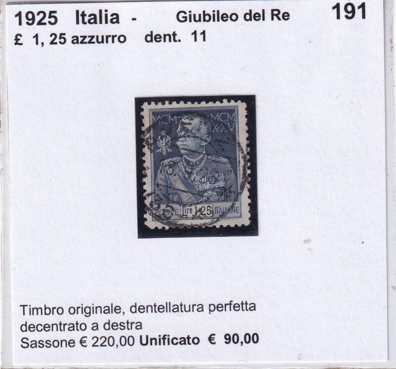 Francobollo Italia Regno Serie Ordinaria Giubileo Anno 1925-1926 Lire 1,25 azzurro Dentellatura 11