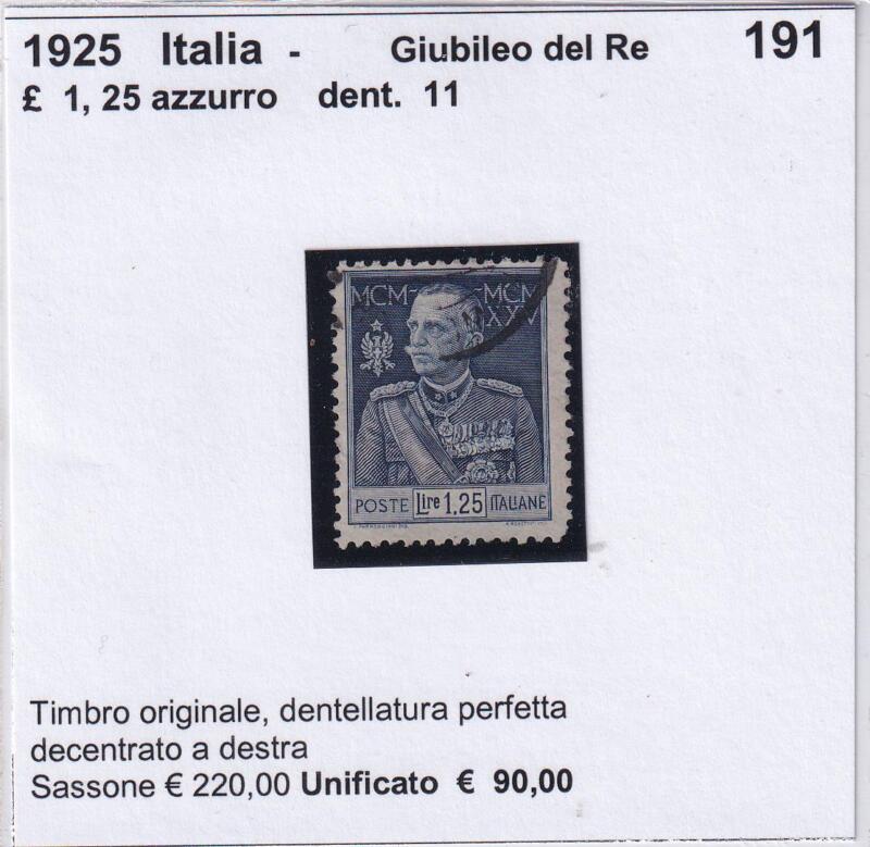 Francobollo Italia Regno Serie Ordinaria Giubileo Anno 1925-1926 Lire 1,25 azzurro Dentellatura 11