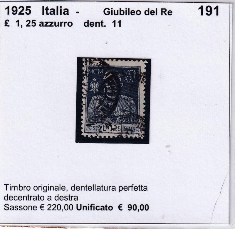 Francobollo Italia Regno Serie Ordinaria Giubileo Anno 1925-1926 Lire 1,25 azzurro Dentellatura 11