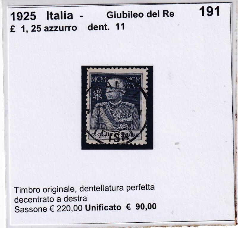 Francobollo Italia Regno Serie Ordinaria Giubileo Anno 1925-1926 Lire 1,25 azzurro Dentellatura 11