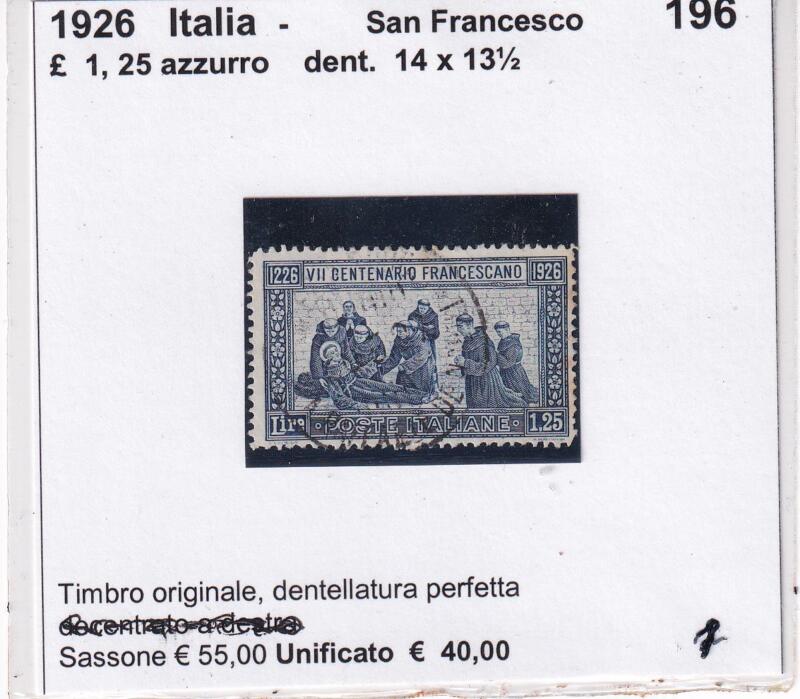 Francobollo Italia Regno San Francesco - Anno 1926  Lire 1,25 azzurro Dentellatura 14 x 13 1/2