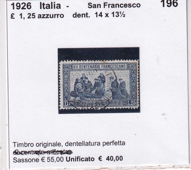 Francobollo Italia Regno San Francesco - Anno 1926  Lire 1,25 azzurro Dentellatura 14 x 13 1/2