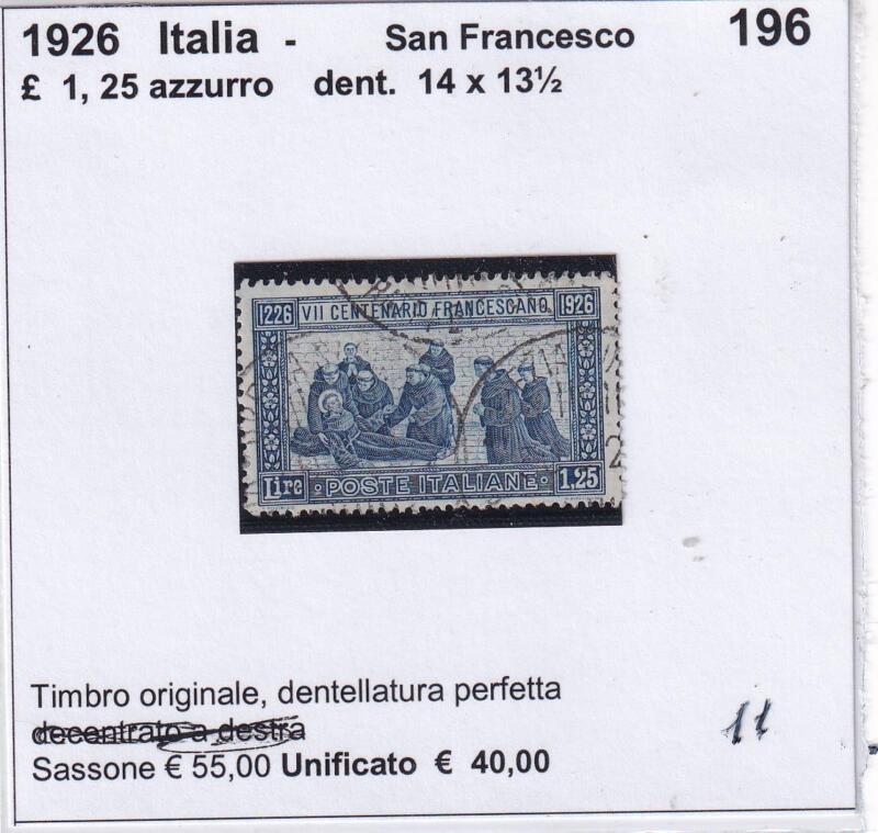 Francobollo Italia Regno San Francesco - Anno 1926  Lire 1,25 azzurro Dentellatura 14 x 13 1/2