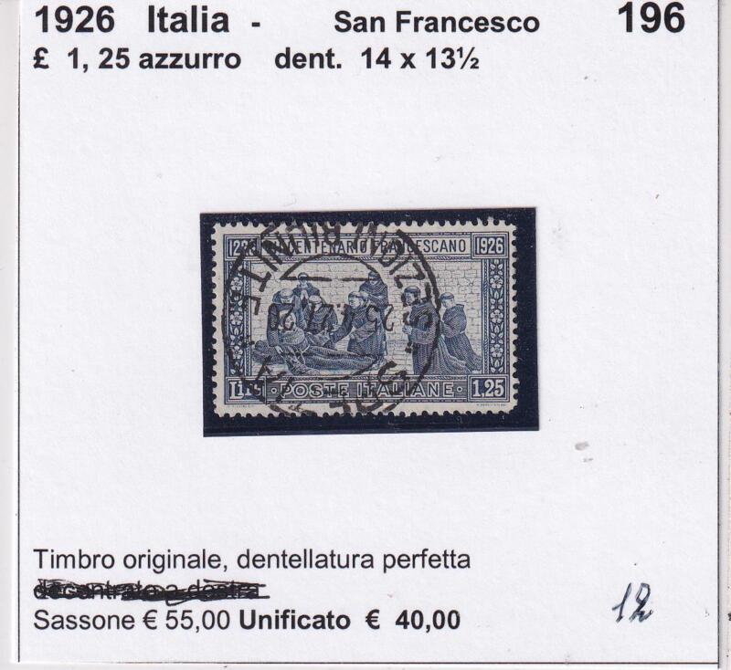 Francobollo Italia Regno San Francesco - Anno 1926  Lire 1,25 azzurro Dentellatura 14 x 13 1/2