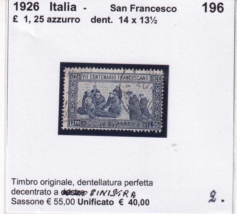 Francobollo Italia Regno San Francesco - Anno 1926  Lire 1,25 azzurro Dentellatura 14 x 13 1/2