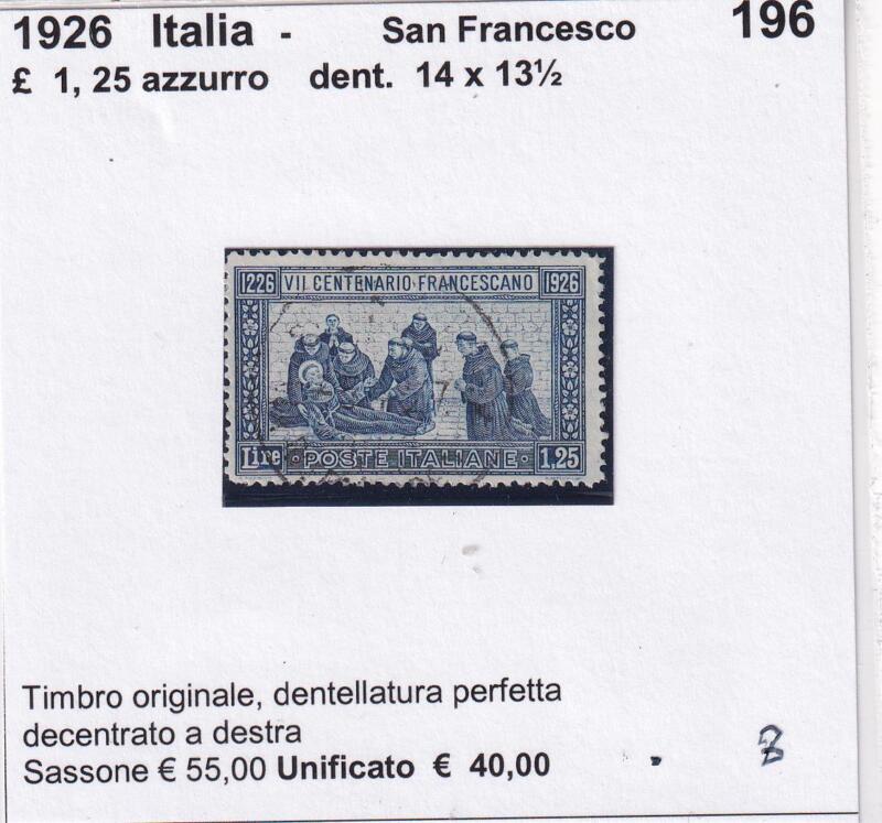 Francobollo Italia Regno San Francesco - Anno 1926  Lire 1,25 azzurro Dentellatura 14 x 13 1/2