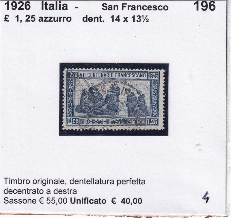 Francobollo Italia Regno San Francesco - Anno 1926  Lire 1,25 azzurro Dentellatura 14 x 13 1/2