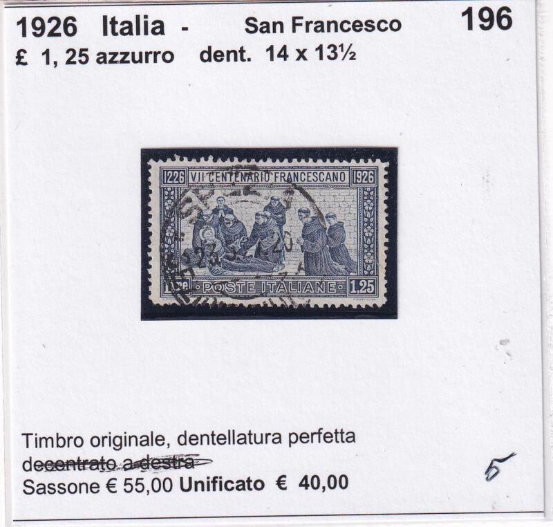Francobollo Italia Regno San Francesco - Anno 1926  Lire 1,25 azzurro Dentellatura 14 x 13 1/2
