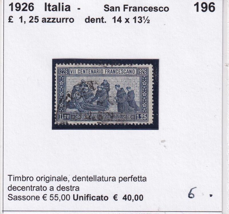 Francobollo Italia Regno San Francesco - Anno 1926  Lire 1,25 azzurro Dentellatura 14 x 13 1/2