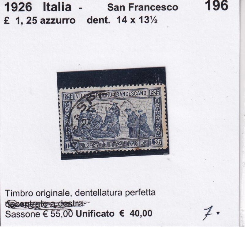Francobollo Italia Regno San Francesco - Anno 1926  Lire 1,25 azzurro Dentellatura 14 x 13 1/2