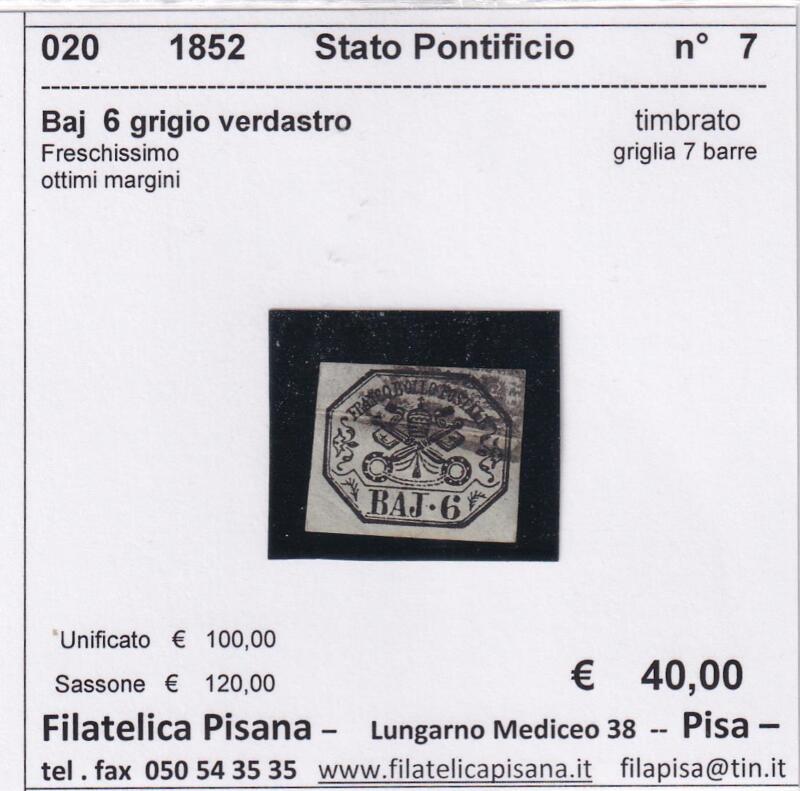 Francobollo Stato Pontificio – Anno 1852 Baj 6 grigio verdastro (cat. n. 7)