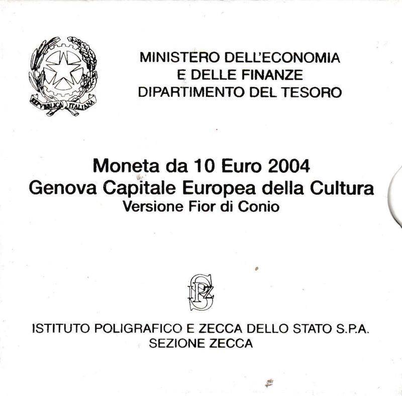 Moneta commemorativa Italia Repubblica Euro 10,00 Genova capitale europea della cultura Anno 2004