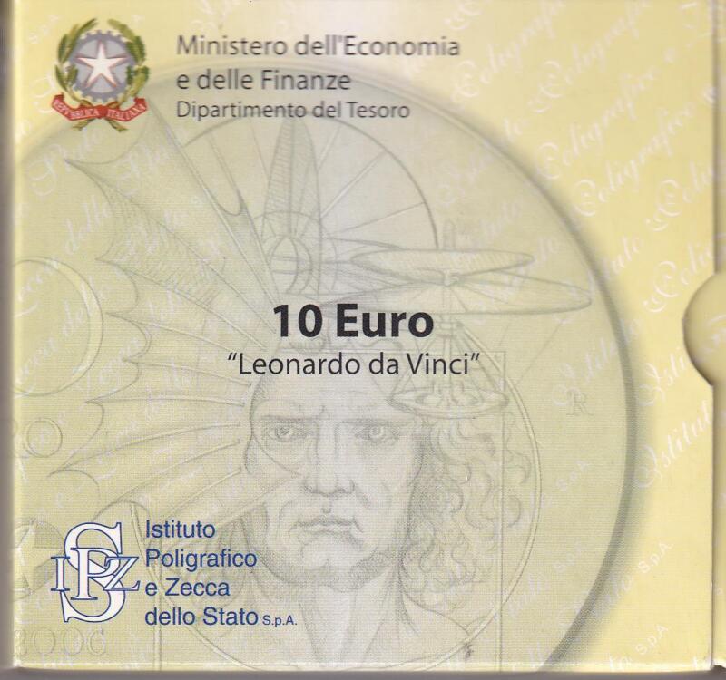 Moneta commemorativa Italia Repubblica Euro 10,00 Leonardo da Vinci Anno 2006 Proof