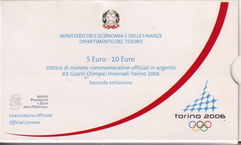 Dittico di monete commemorative Italia Repubblica Euro 5,00 e Euro 10,00 XX Giochi Olimpici Invernali Torino 2006 seconda emissione Anno 2005 Proof