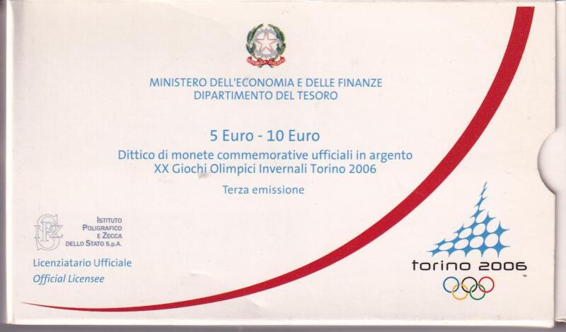 Dittico di monete commemorative Italia Repubblica Euro 5,00 e Euro 10,00 XX Giochi Olimpici Invernali Torino 2006 terza emissione Anno 2005 Proof