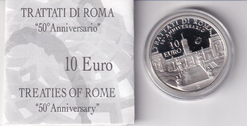 Moneta commemorativa Italia Repubblica Euro 10,00 Cinquantesimo Anniversario Trattati di Roma Anno 2006 Proof