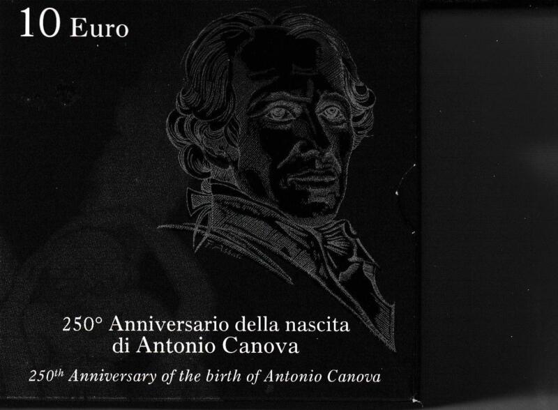 Moneta commemorativa Italia Repubblica Euro 10,00 Duecentocinquantesimo anniversario nascita Antonio Canova Anno 2007 Proof
