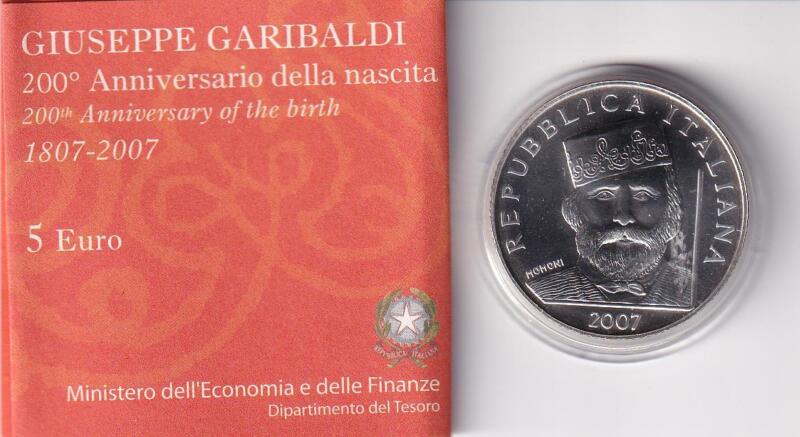 Moneta commemorativa Italia Repubblica Euro 5,00 1807-2007 Duecentesimo Anniversario nascita Giuseppe Garibaldi Anno 2007