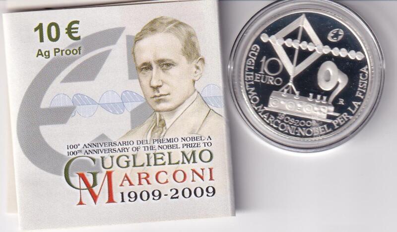Moneta commemorativa Italia Repubblica Euro 10,00 Centesimo Anniversario Premio Nobel Guglielmo Marconi Anno 2009 Proof