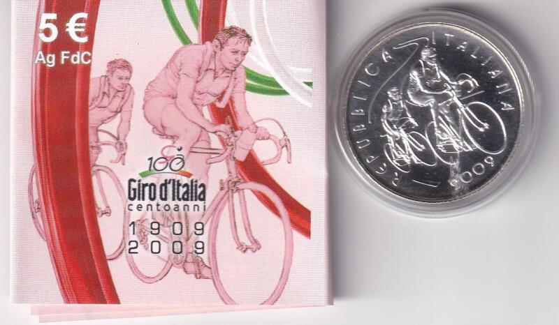 Moneta commemorativa Italia Repubblica Euro 5,00 Cento Anni Giro d'Italia Anno 2009 Proof