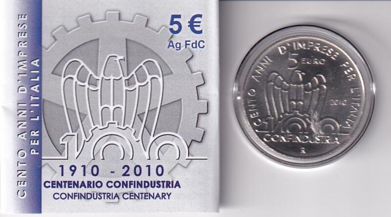 Moneta commemorativa Italia Repubblica Euro 5,00 1910-2010 Centenario Confindustria Anno 2010