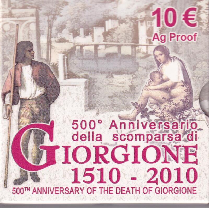 Moneta commemorativa Italia Repubblica Euro 10,00 Cinquecentesimo Anniversario della Scomparsa di Giorgione Anno 2010 Proof