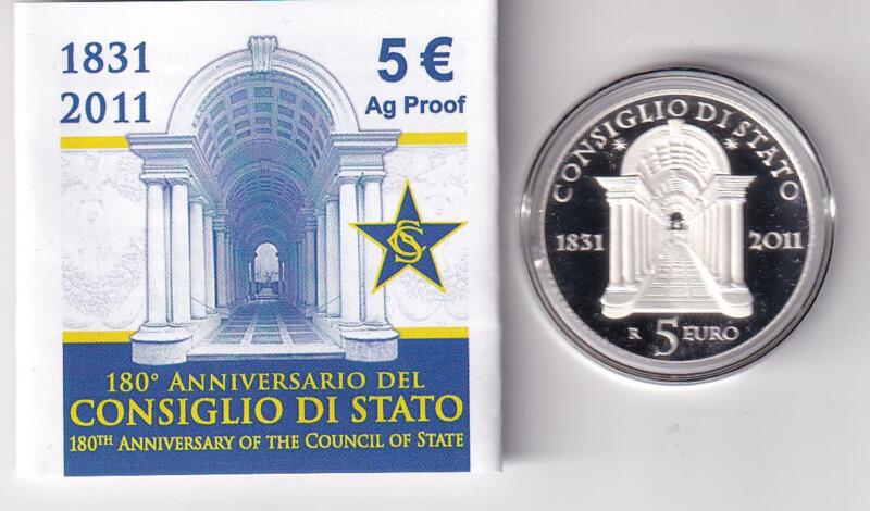 Moneta commemorativa Italia Repubblica Euro 5,00 1831-2011 Centottantesimo anniversario Consiglio di Stato Anno 2011 Proof