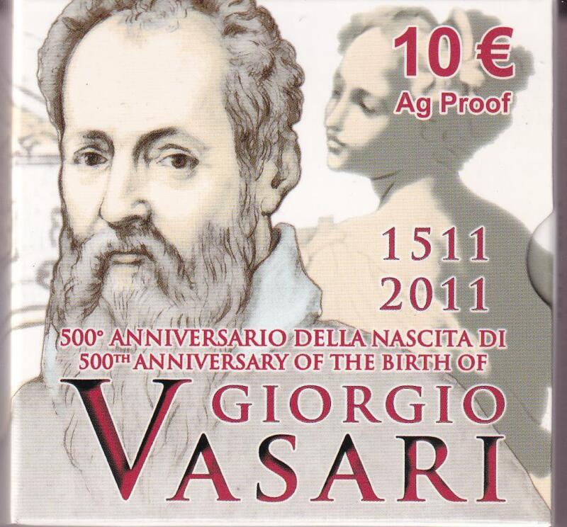 Moneta commemorativa Italia Repubblica Euro 10,00 Cinquecentesimo Anniversario Nascita Giorgio Vasari Anno 2011 Proof