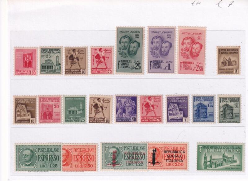 Francobolli Repubblica Sociale Italiana Anno 1944-1945 Serie Ordinaria completa + Serie Fratelli Bandiera+ Espressi (cat. n. 496-499, 502-514 + ex n. 21-25)
