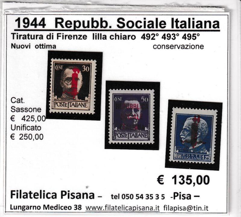 Francobolli Repubblica Sociale Italiana Anno 1944 Serie Imperiale Sovrastampati Fascetto (cat. n. 492, 493, 495)