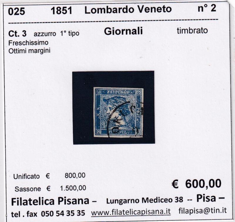 Francobollo per giornali Lombardo Veneto – Anno 1851 Centesimi 3 azzurro Primo tipo (cat. n. 2)