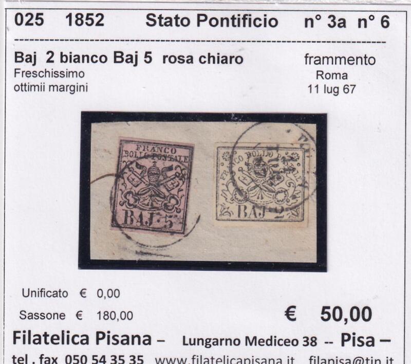 Coppia francobollo Stato Pontificio – Anno 1852 Baj 2 bianco (cat. 3a) Baj 5 rosa chiaro (cat. n. 6)
