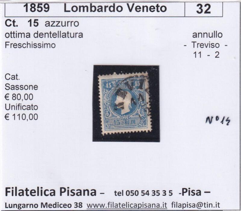 Francobollo Lombardo Veneto – Anno 1859 Centesimi 15 azzurro (cat. n. 32)