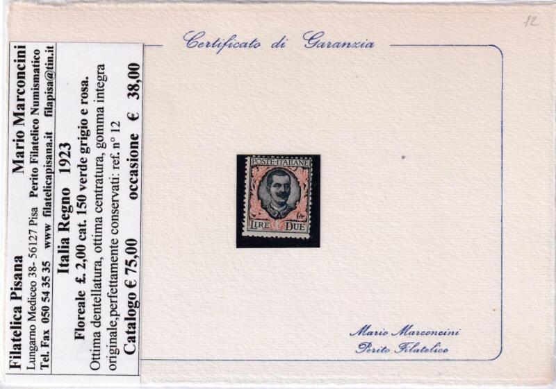 Francobollo Regno d’Italia Anno 1923 Serie Floreale Lire 2 verde grigio e arancio (cat. n. 150)