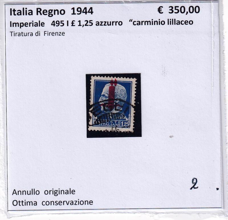 Francobollo Italia Regno Anno 1944 Imperiale Lire 1,25 azzurro Sovrastampa Tipo I carminio lillaceo