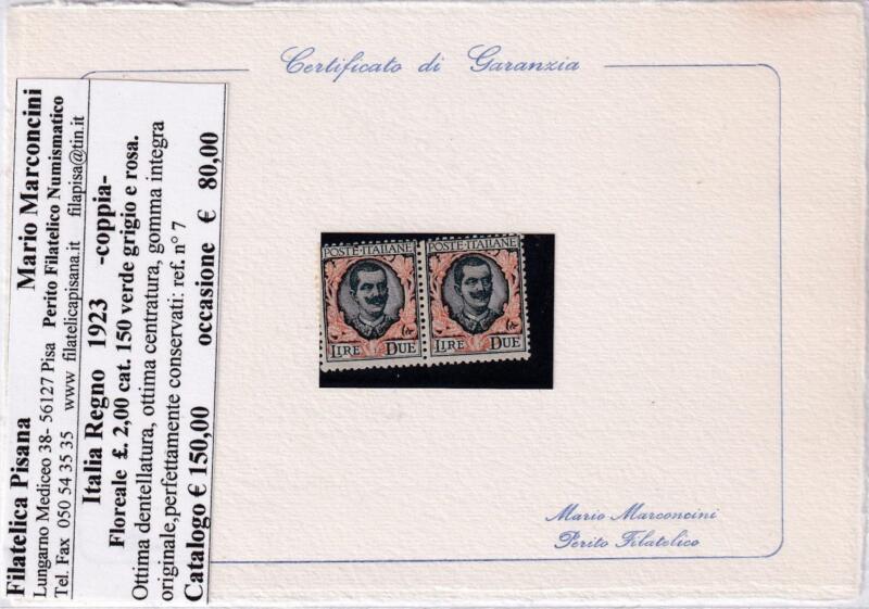 Francobolli Regno d’Italia Coppia Anno 1923 Serie Floreale Lire 2 verde grigio e arancio (cat. n. 150)