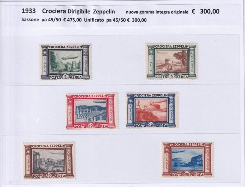 Francobolli Regno d’Italia Anno 1933 Serie Crociera Dirigibile Zeppelin Posta Aerea (cat. n. 45-50)