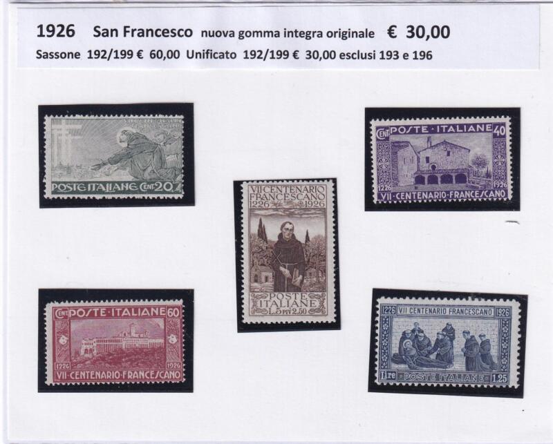 Francobolli Regno d’Italia Anno 1926 Serie San Francesco (cat. n. 192-194-195-197-198-199)